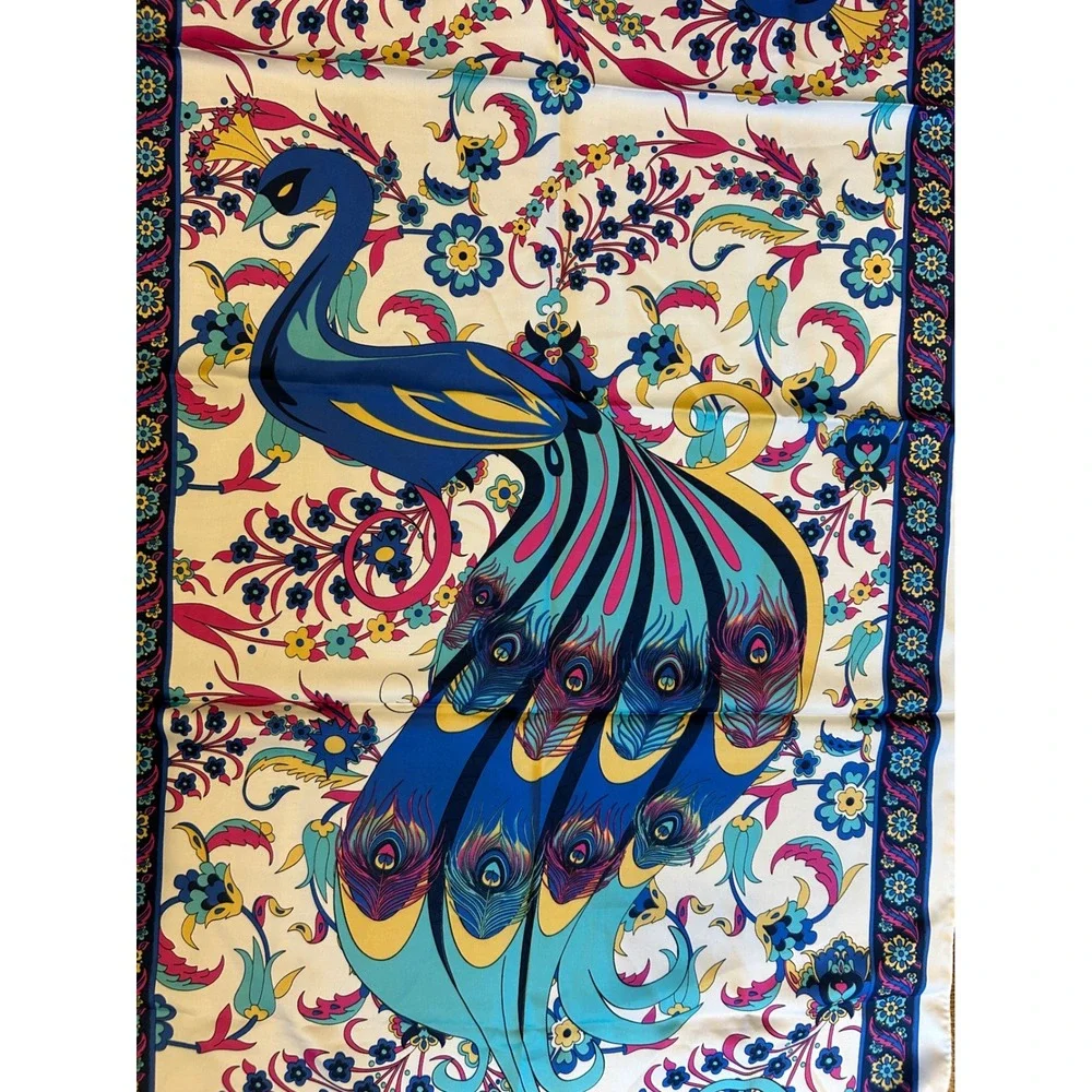 Silk Art Bursa Turkey 100% Silk Peacock Floral Rectangle Large Scarf Wrap 22x62